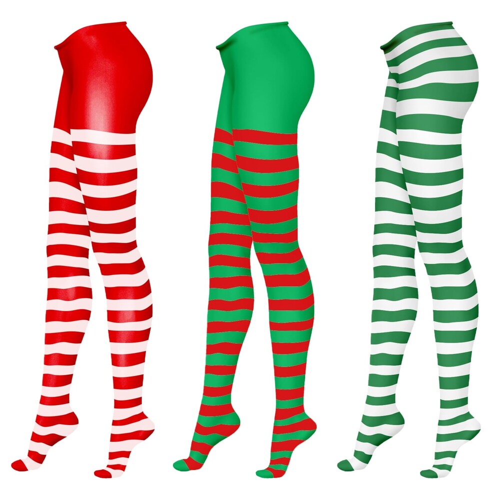 Womens Christmas Elf Striped Tights Red White Green Holiday Party New 3 Pairs
